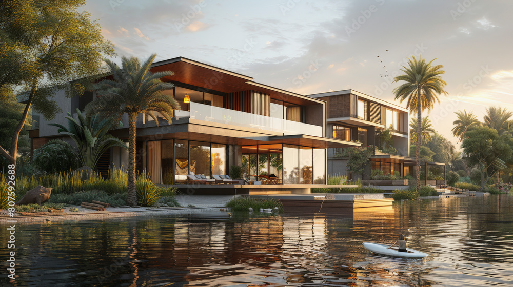 A modern waterfront house with large glass windows, multiple balconies, and surrounded by palm trees, featuring a person paddleboarding on the calm water at sunset. A modern waterfront house with large glass windows, multiple balconies, and surrounded by palm trees, featuring a person paddleboarding on the calm water at sunset.