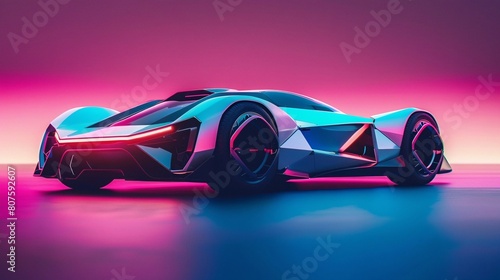 a futuristic sports car with pink and blue lights