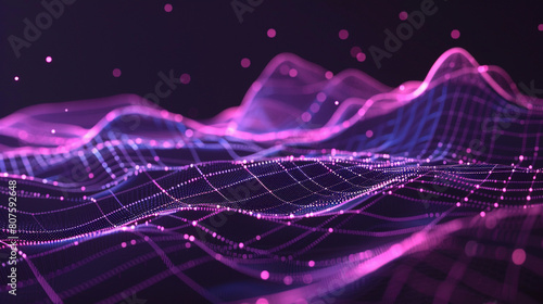Abstract lscape of interconnected neon lines floating dots over a shadowy background giving the illusion of a digital terrain