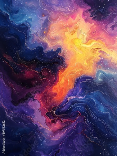 Craft an aerial view of a cosmic landscape with swirling colors and abstract shapes, merging realism with ethereal elements to depict the beauty and mystery of the universe