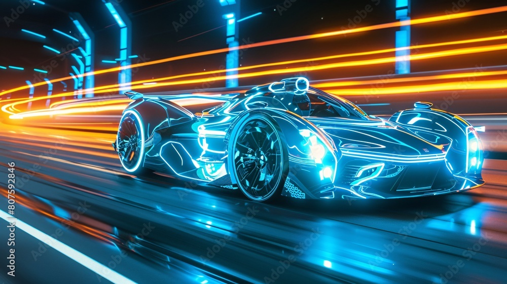 a shiny sports car on a road with lights