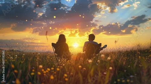  serene depiction of a couple sitting on camping chairs, watching a mesmerizing sunset over a vast grassy field, while a folk guitarist plays a gentle melody in the background.  