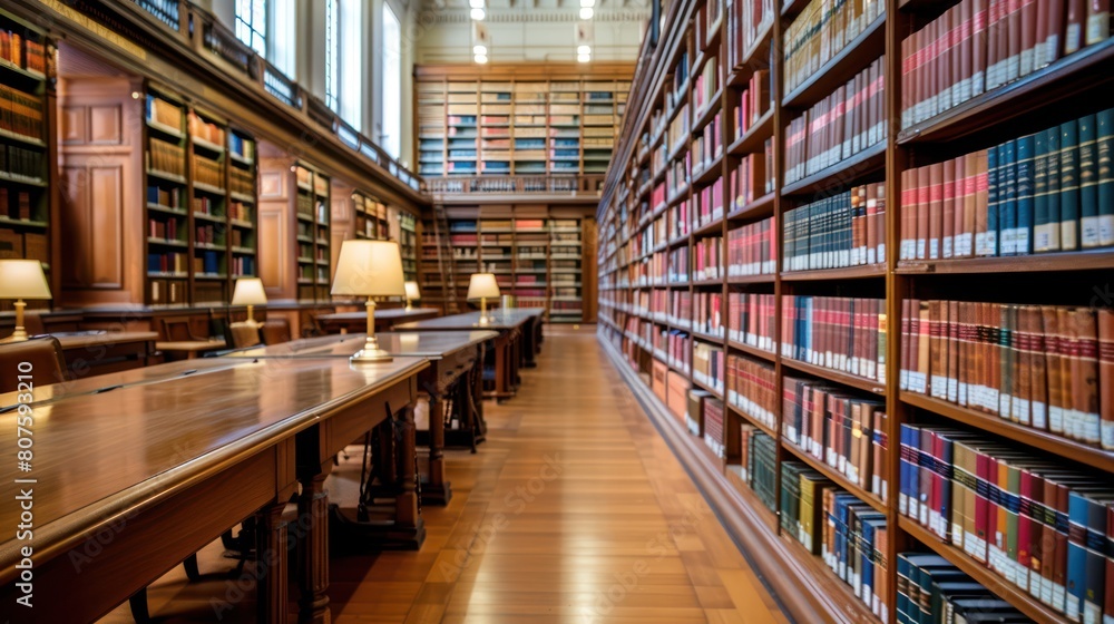 Interior view of a large old and luxurious library with wooden shelves and wooden tables. Interior view of a large old and luxurious library with wooden shelves and wooden tables.