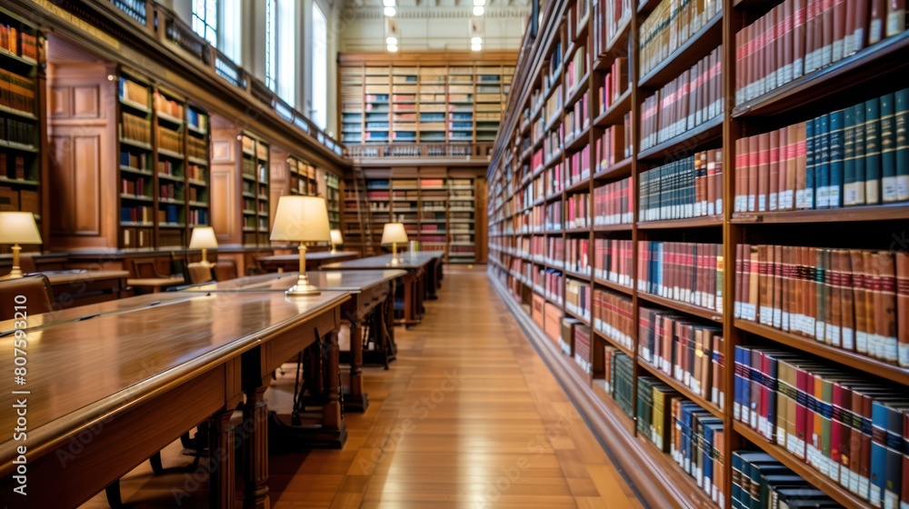 Interior view of a large old and luxurious library with wooden shelves and wooden tables.