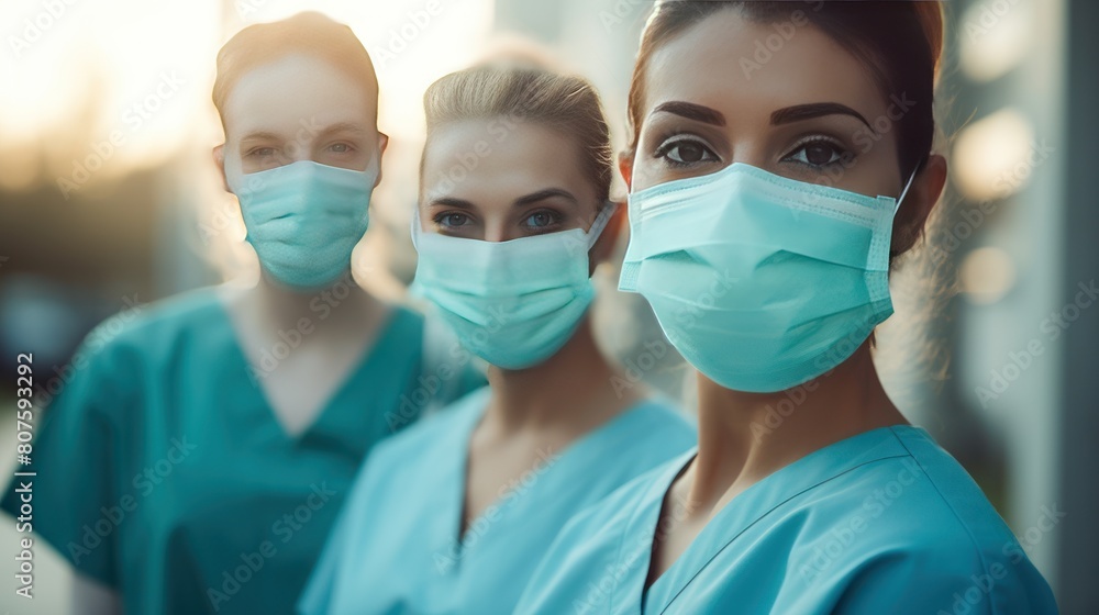 group of nurses wearing masks, standing together in a circle of support, group of nurses wearing masks, standing together in a circle of support,