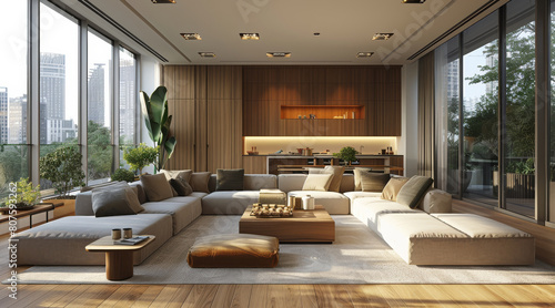 A modern interior design of an apartment featuring wooden elements, large windows with natural light, and a cozy living room with soft furnishings in earthy tones. Generative AI. © visoot
