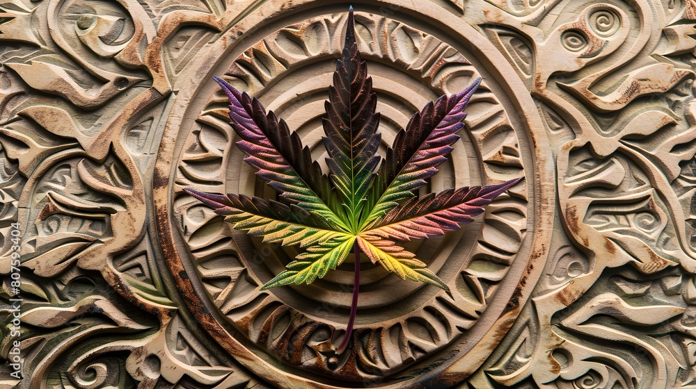 A multicolored cannabis leaf resting on a carved mandala pattern A multicolored cannabis leaf resting on a carved mandala pattern