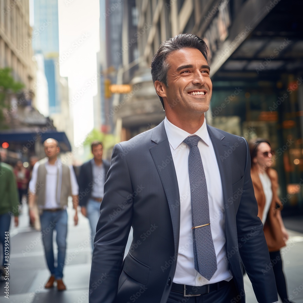 A happy middle-aged businessman CEO in a sharp suit 