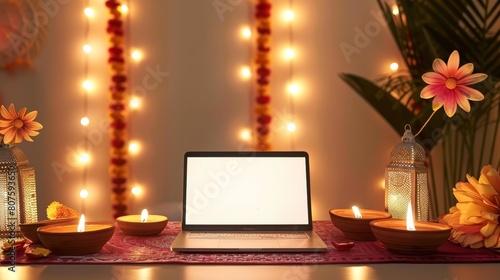 Diwali Delight Vibrant Workspace with Blank Screen Laptop and Traditional Indian Decorations photo