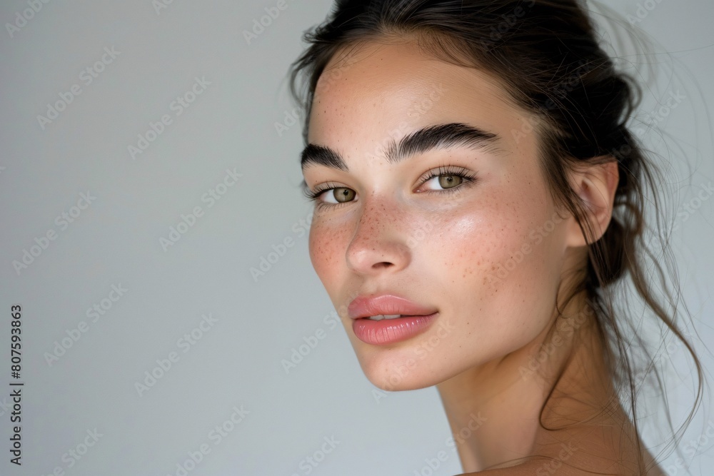 a woman with freckles and a ponytail a woman with freckles and a ponytail