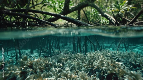 Close-up of the water around mangrove roots showing clear water filtered by the mangrove system compared to murky water outside the forest.