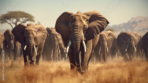 elephant herd grazing peacefully on the African savanna,  photo
