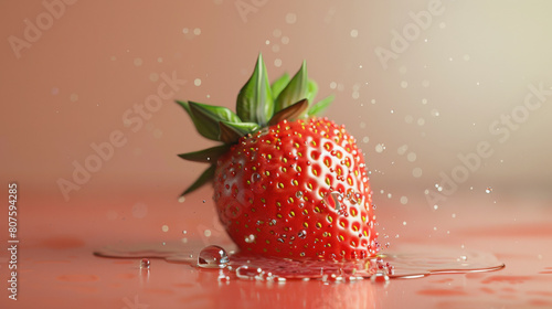 A ripe strawberry with water droplets suspended around it, resting on a wet surface with a soft-focus pink background, capturing a fresh and vibrant moment.