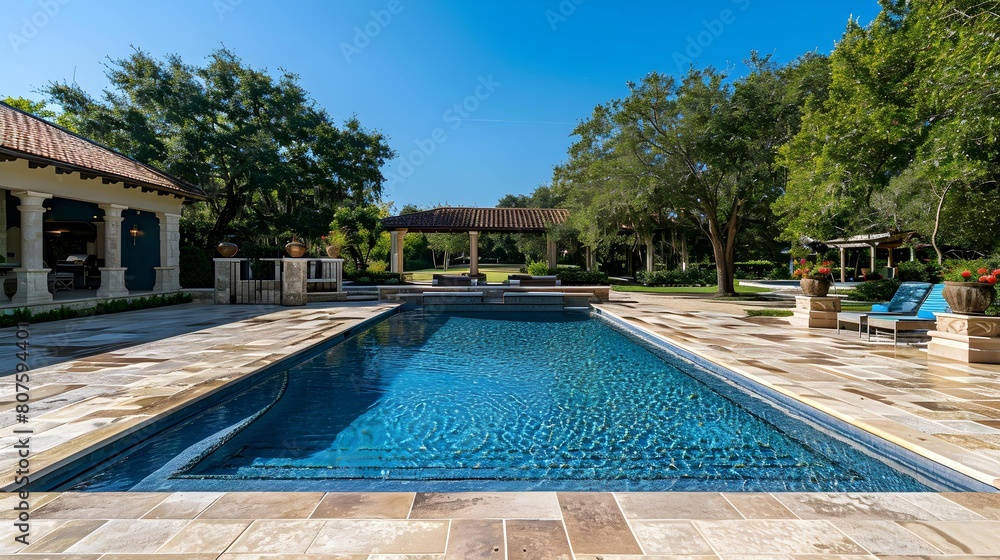 A large swimming pool is surrounded by a stone patio under the sun 