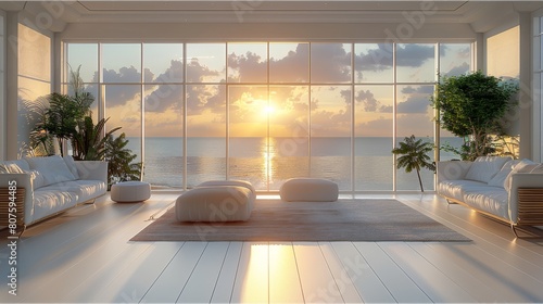 White simple interior living room with sunset. Generative AI.