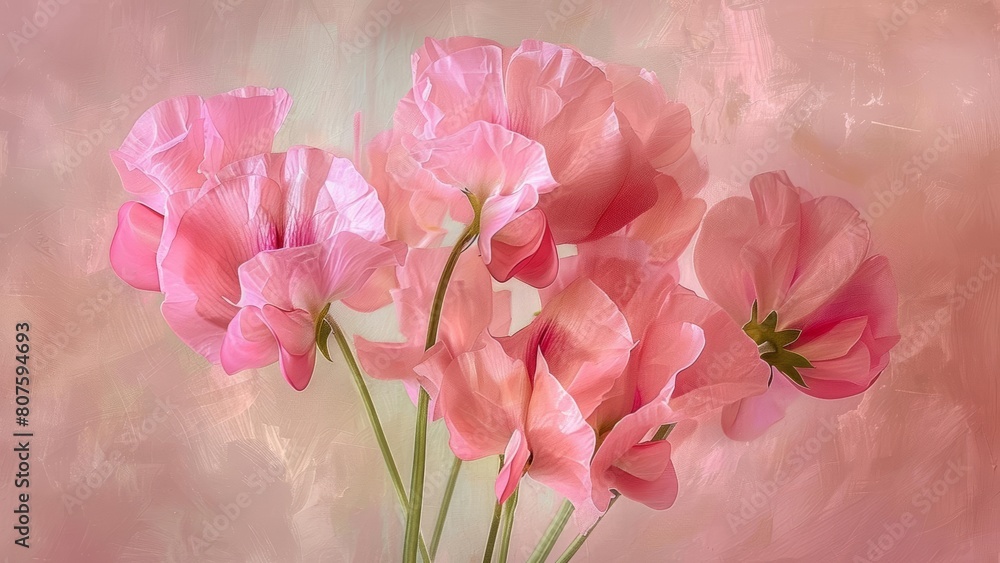 Muted pink sweet peas in a bold oil style