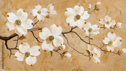 Creamy white dogwood flowers on a tan background