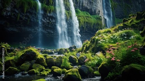 waterfall cascading down a moss-covered cliffside  surrounded by lush greenery  spring flowers.