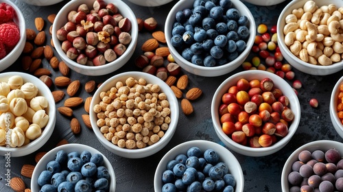  A table topped with bowls full of various fruits and nuts beside a mound of almonds, raspberries, blueberries, and more (2