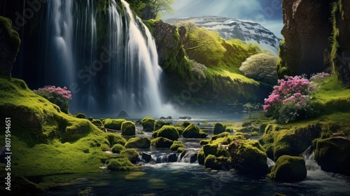 waterfall cascading down a moss-covered cliffside  surrounded by lush greenery  spring flowers.