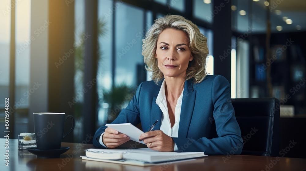 A mature businesswoman, exuding an aura of experience and expertise, sits at a desk in her spacious office, A mature businesswoman, exuding an aura of experience and expertise, sits at a desk in her spacious office,
