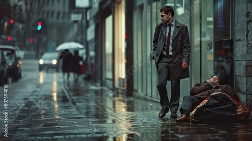  young businessman, dressed in a sharp suit, strides confidently down a rain-slicked city street, oblivious to the homeless man huddled in a doorway just a few feet away. 