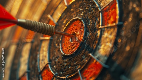 close-up of an arrow in the bullseye of a dartboard photo