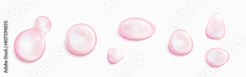 3d pink soap bubble. Collagen water ball vector. Isolated transparent liquid jelly circle droplet with oil texture. Round clear strawberry serum swatch for girl skin. Hyaluron cosmetic essence orb