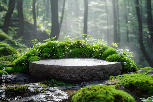 Stone podium at magic forest, plants, green moss, herbs, dew - 3D mockup background beauty product presentation concept. Copy space platform for Cosmetics, perfume fashion sales advertising stand. © Алина Троева