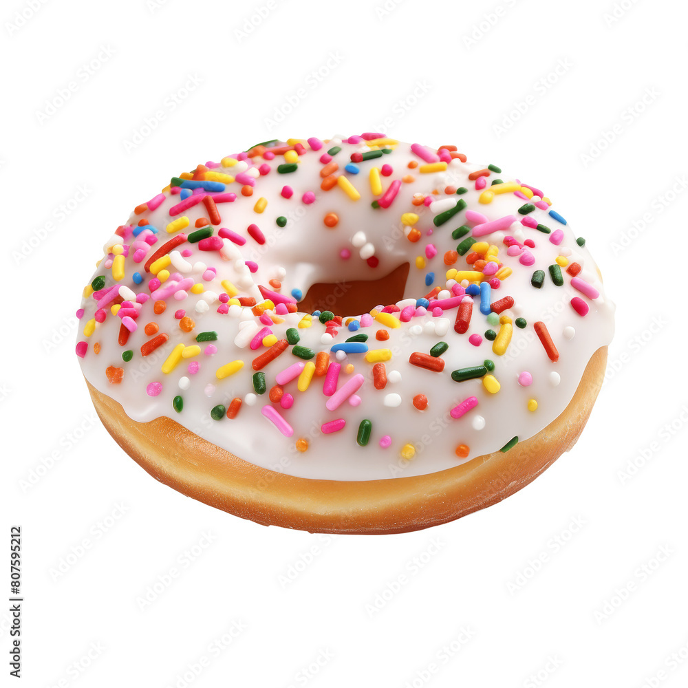 A delicious donut, topped with white icing and colorful sprinkles. A delicious donut, topped with white icing and colorful sprinkles.