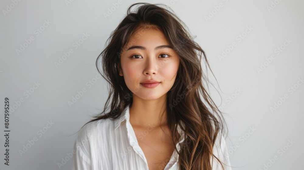 Work-Life Balance: A real photo showcasing a young Asian woman maintaining a healthy work-life balance against a clean white backdrop. Work-Life Balance: A real photo showcasing a young Asian woman maintaining a healthy work-life balance against a clean white backdrop.