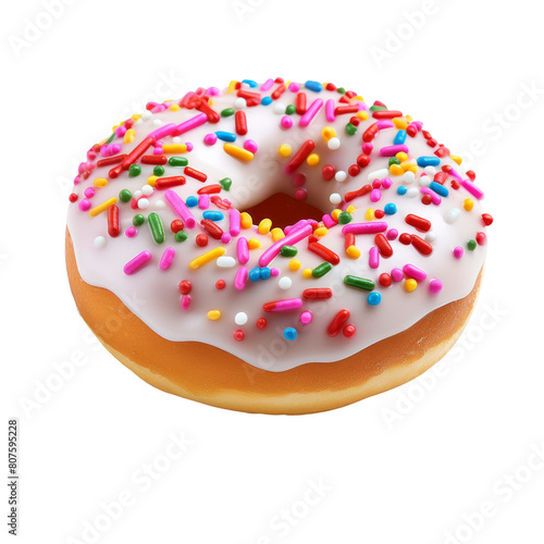 A delicious donut with white frosting and colorful sprinkles. photo
