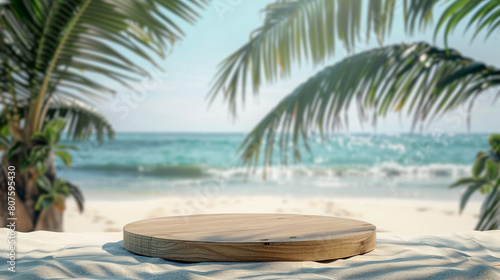 wood podium round in sand at the beach