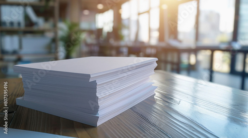 A stack of white paper sits on a wooden table in a brightly lit office environment with blurred background suggesting a contemporary workspace. photo
