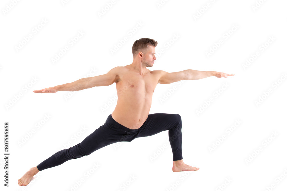 A handsome young man with an athletic body is doing fitness and yoga. White background.