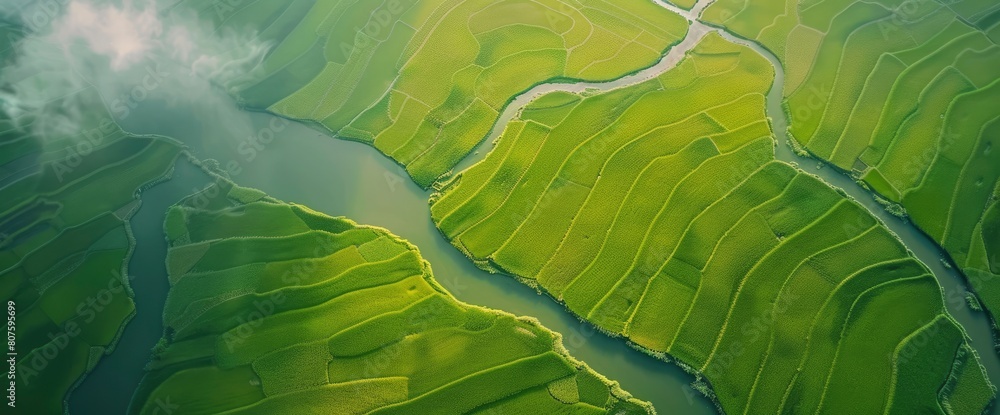 Obraz premium Aerial View Of Green Paddy Field With Blue Sky Nature Background, Invites A Sense Of Tranquility And Connection With The Natural World, Background HD For Designer 