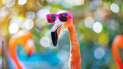 A flamingo stands wearing pink sunglasses against a blurry background photo