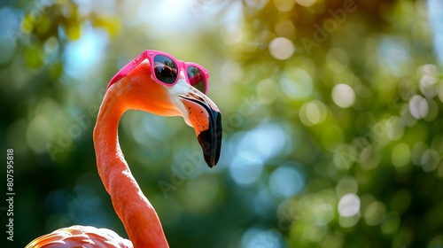 A flamingo stands wearing pink sunglasses against a blurry background photo