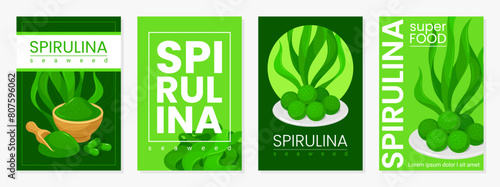 Spirulina seaweed superfood card poster label design template set isometric vector illustration