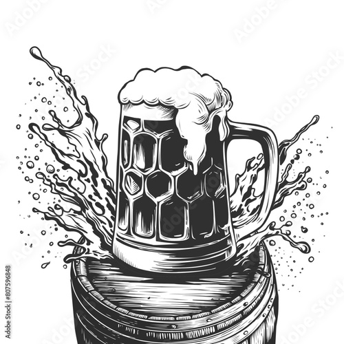 Beer mug with splash of foam on wooden barrel. Hand drawn ink sketch with frothy alcoholic drink for design menu pub, bars, poster for Oktoberfest, brewery. Vector engraving