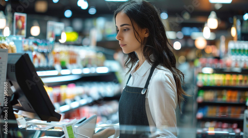 potrait woman cashier check item list in supermarket