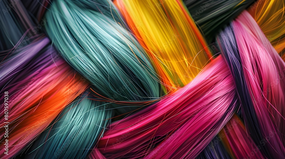 A cluster of diverse and vividly colored strands of hair intertwining together in a mesmerizing display of chromatic splendor