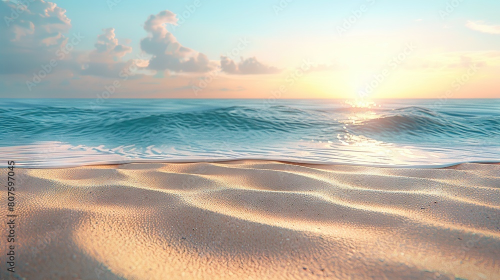   Sandy beach with waves, sunrise, and clouds