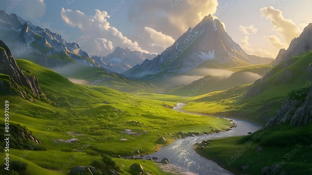  A peaceful mountain valley bathed in golden light, with a meandering river winding through verdant meadows and towering peaks. . 

