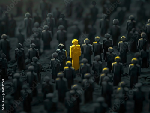 a yellow figure in a crowd of black people