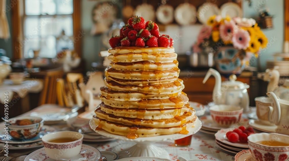 Stack of pancakes with fresh raspberries and honey on the table Stack of pancakes with fresh raspberries and honey on the table