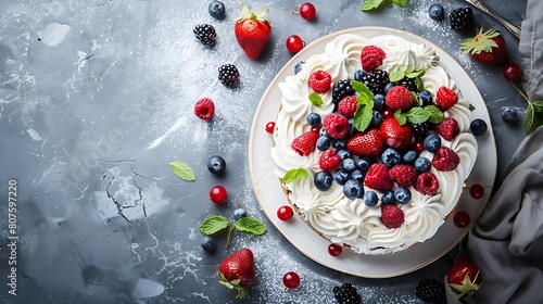Homemade vanilla cake with whipped cream and fresh berries on top on a gray concrete background