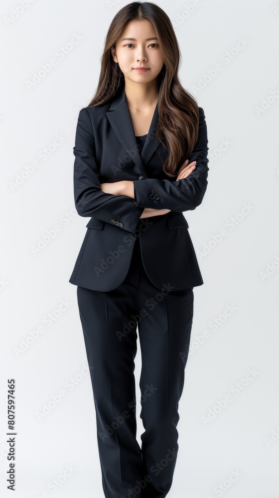 model mockup, happy asian young woman in suit standing on white background, full body model mockup, happy asian young woman in suit standing on white background, full body