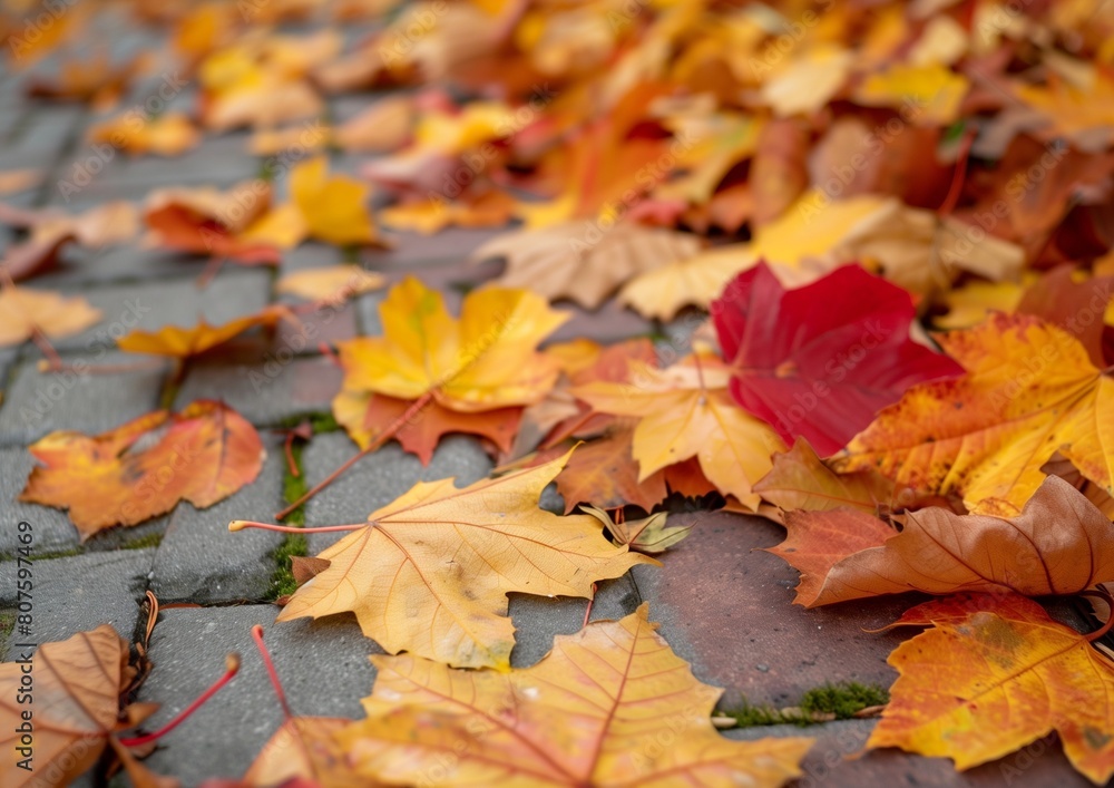 Vibrant Autumn Leaves Scattered Across Cobblestone Pathway - Fall Season