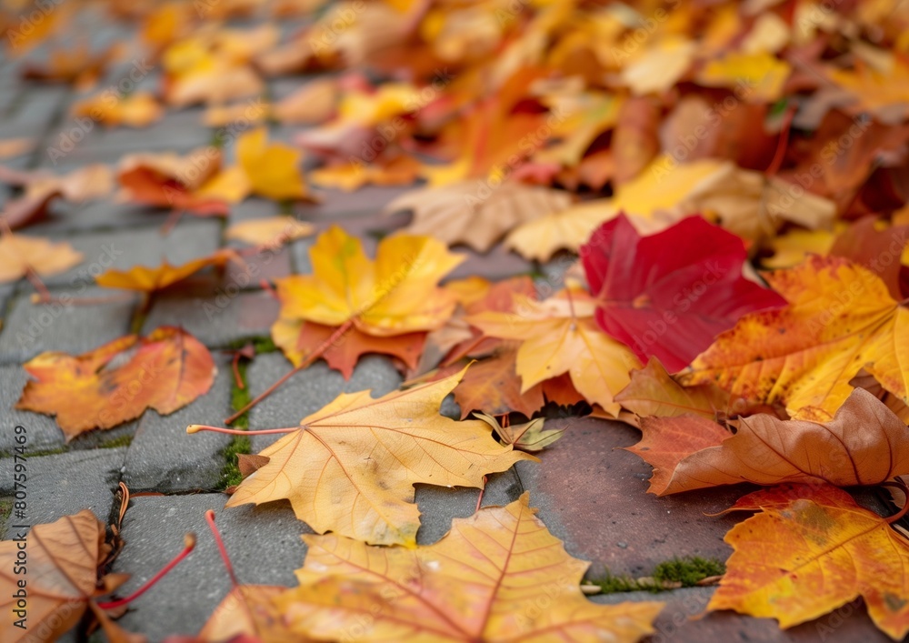 Vibrant Autumn Leaves Scattered Across Cobblestone Pathway - Fall Season Vibrant Autumn Leaves Scattered Across Cobblestone Pathway - Fall Season